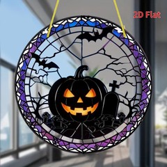 Spooky Halloween Pumpkin And Bat Round Acrylic Suncatcher Indoor Window Decor