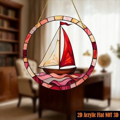 Red Sailboat Pink Ocean Wave Warm Tone Mosaic Rim Round Acrylic Suncatcher Decor