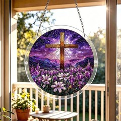 Faith Cross Purple Flower Galaxy Art Acrylic Puzzle Suncatcher Home Wall Decor