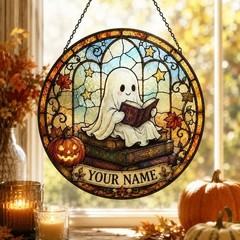Personalized Halloween Ghost Suncatcher, Custom Name Book Lover Window Hanging