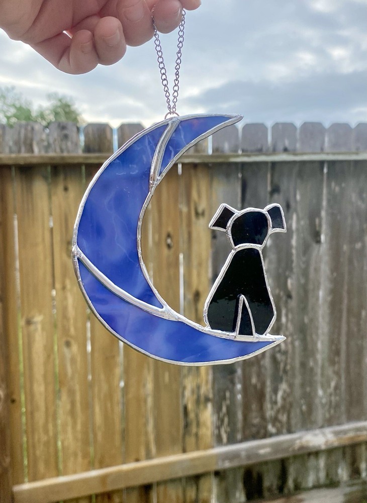 Loss of Dog Sympathy Gift,Stained Glass Dog on Moon for Suncatcher Gifts, Black