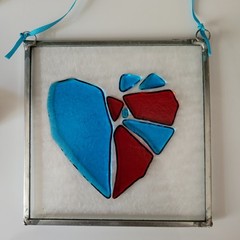 5″ Glass Sun Catcher Agua Blue and Red Heart With Metal Hanging Frame Valentine