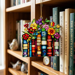 Lover Gifts for Women Acrylic Faux Stained Glass Window Hanging, Floral Bookish