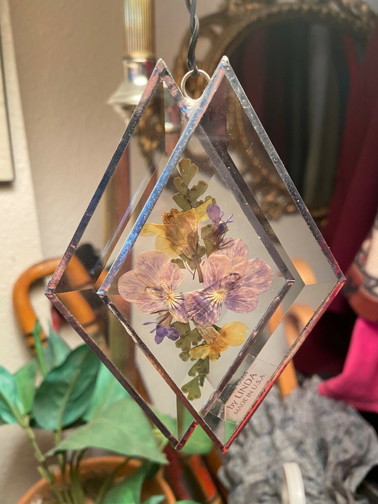 Double Diamond Glass Light catcher by Linda Hangs & dried flowers in purple yell