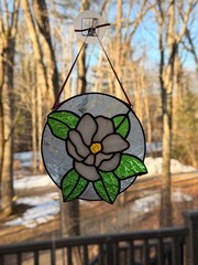 Handmade Stained Glass White Rose Peony Suncatcher Window Chip Texture Glass 5″