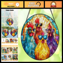 Colorful Chicken Stained Glass Suncatcher – Rooster Window Decor, Gift for Chick