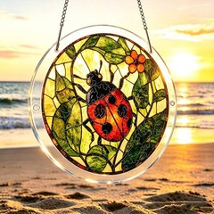 Classic Red Ladybug Green Leaf Round Acrylic Puzzle Suncatcher Wall Hanging