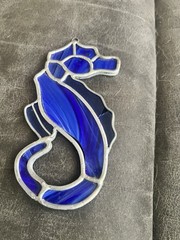 VTG Sea Horse Blue Suncatcher Stained Glass Ornament 6.5 Inch