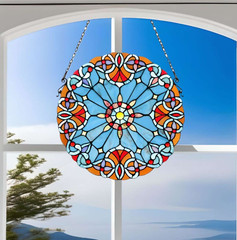 Round Suncatcher Stained Glass Window Panel Victorian Design in Blue Orange 20in