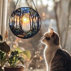 Forest Sunrise Stained Glass Suncatcher – Blue Brown Tree Window Decor 6.3″ Gift
