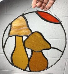 Vintage MCM Large Stained Glass Mushrooms-Ready To Hang EUC 10” Diameter