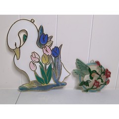 Vintage hard plastic Duck with flowers and hummingbird with flowers suncatchers