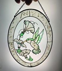 Vintage Oval Stained Glass Suncatcher Hummingbird Morning Glory 7″