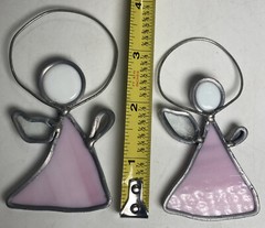 Vintage Stained Glass Angel Suncatcher Set of 2 Pink & White Ornament 5” Leaded
