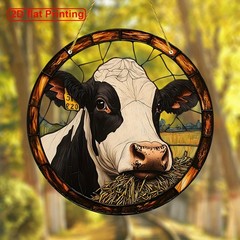 Rustic Farm Cow Chewing Hay Pattern Acrylic Suncatcher Patio Outdoor Decoration