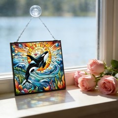 Orca Stained Glass Window Hanging, Blue Ocean and Sunset Suncatcher Diamond G…