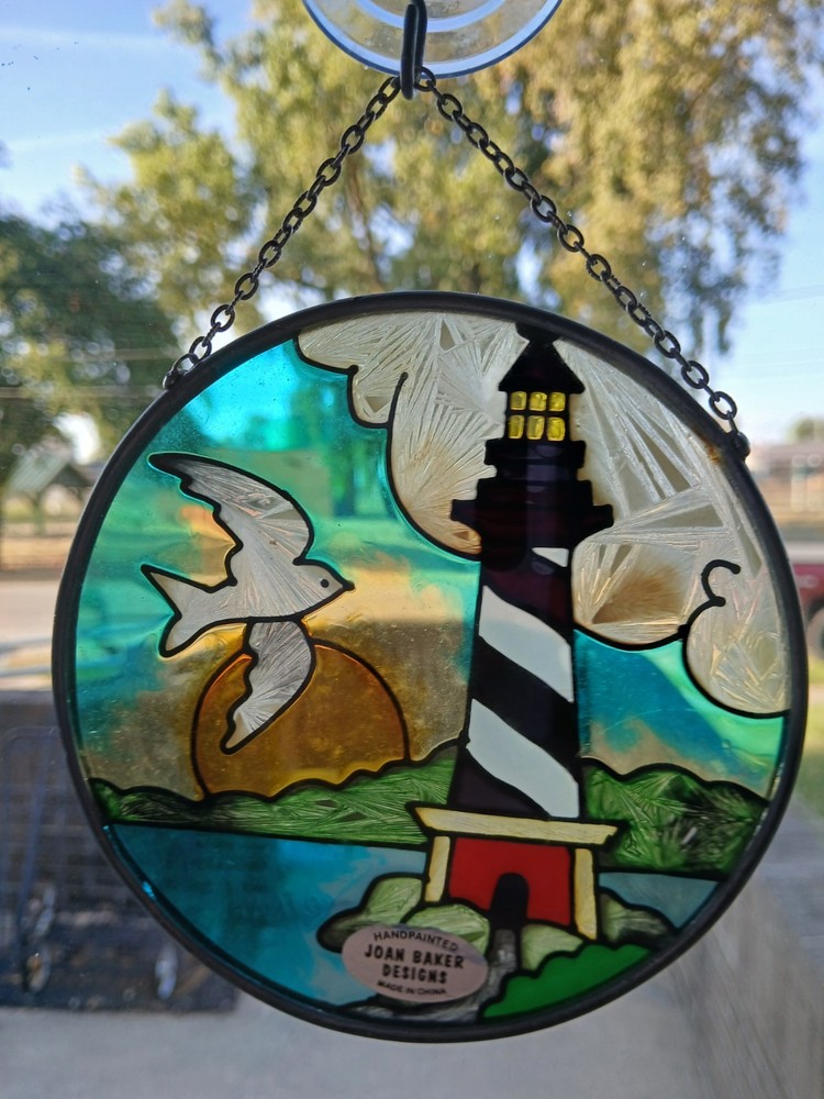 1992 Round 4.5″ JBD Stained Glass Sun-catcher Light House, Seagull, Sun w/Chain