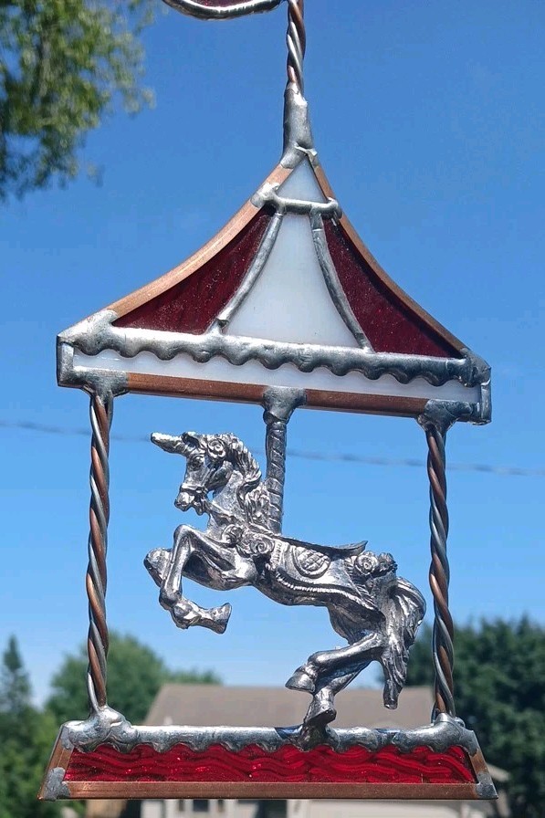 Vtg Stained Glass Carousel Horse Suncatcher Twisted Metal Frame Whimsical 9″