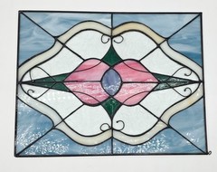 Vintage Stained Glass Window Panel Floral Geometric Art Glass 12×9.5 Handmade