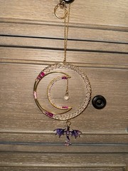 Crescent Moon Hanging Suncatcher w/ Crystal Drop Glass & Metal Gold Purple
