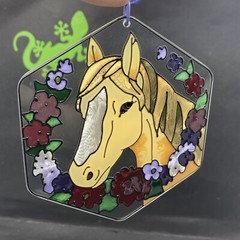 Vintage Horse Stained GLASS Sun Catcher Multi Color Flowers 90s Girl