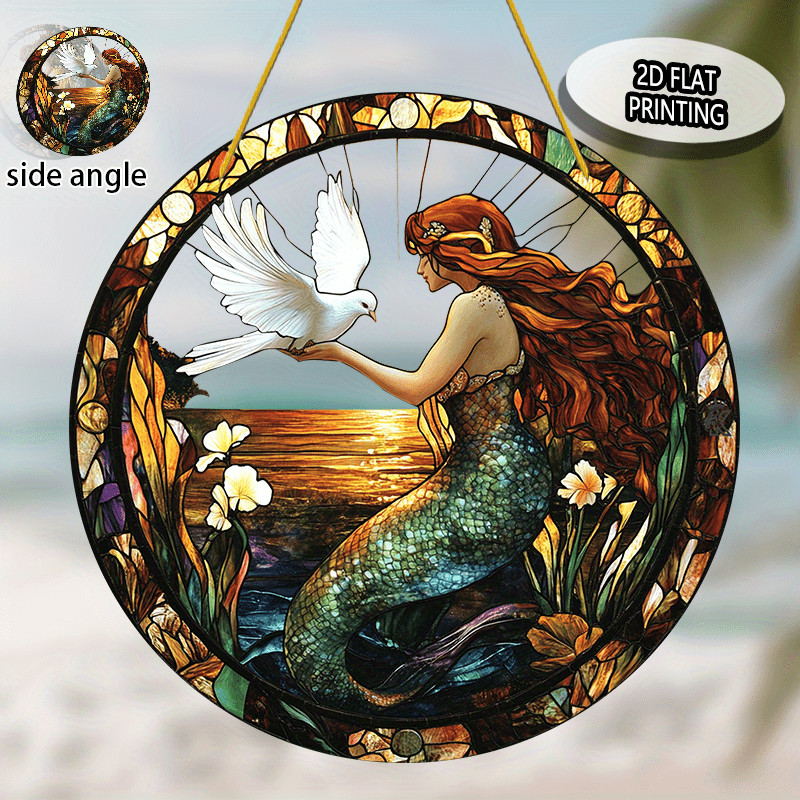 Mermaid & Dove Acrylic Suncatcher Coastal Fantasy Themed Hanging Window Decor