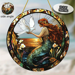 Mermaid & Dove Acrylic Suncatcher Coastal Fantasy Themed Hanging Window Decor