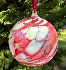 Hand Blown Art Glass 5” Ball Bauble Sun Catcher Ornament Red Pink White