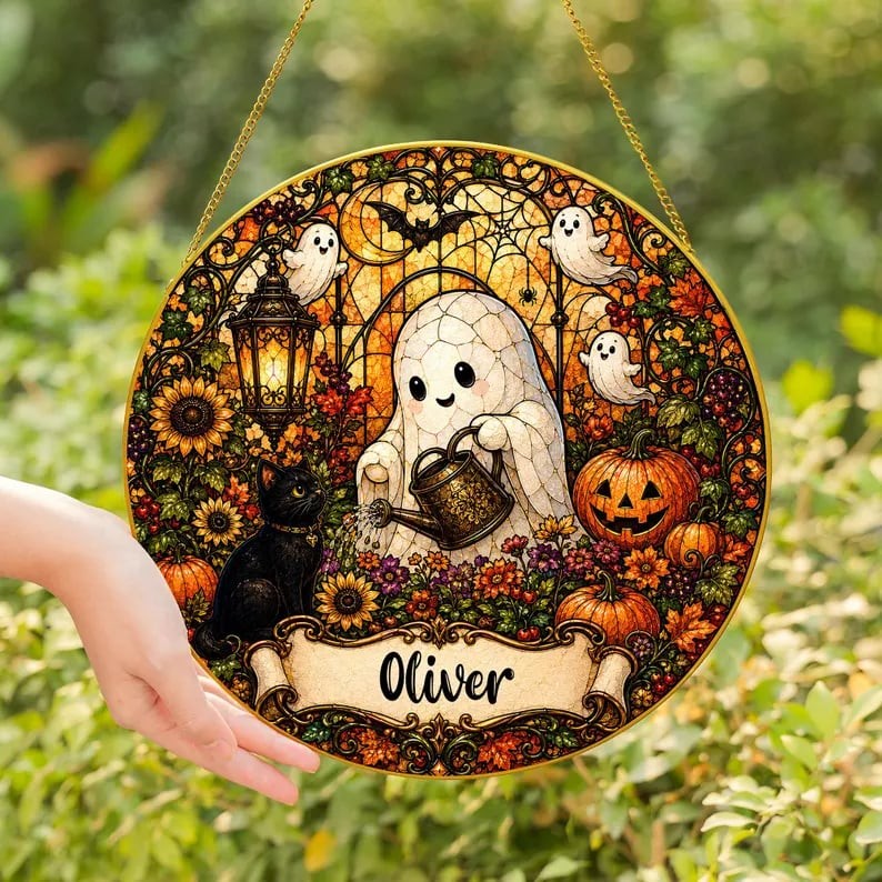 Personalized Cute Ghost Halloween Stained Glass Suncatcher, Family Keepsake