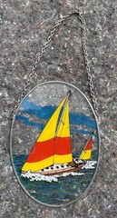 Sailboat Hand Painted On Glass Vintage Suncatcher Handmade with Chain