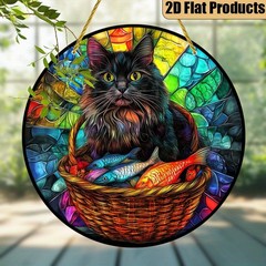 Long Haired Black Cat Colorful Fish Woven Basket Vibrant Acrylic Suncatcher Gift