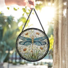 Dragonfly Suncatcher Stained Glass Window Hanging, Dragonfly Flower Sun Catch…
