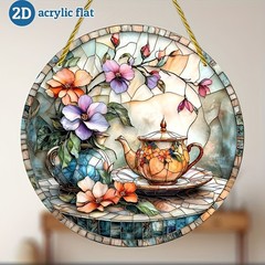 Vintage Floral Teapot Set With Colorful Blooms Green Leaves Acrylic Suncatcher
