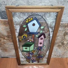 Painted Glass Bird Houses Suncatcher Wall Hanging Decor Window Hanger