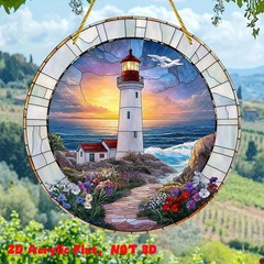 Nautical Lighthouse and Ocean Sunset Pattern 2D Acrylic Suncatcher Hanging Sign