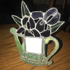 Handmade Stained Glass PICTURE FRAME VASE FLOWERS Purple Iris 7X5 PIC SZ 2X3″