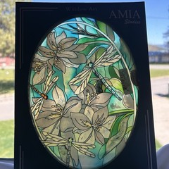 AMAI Studios Flower Garden Hand Painted Glass Oval Dragonfly Suncatcher Vintage