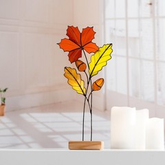 Stained Glass Maple Leaf with Acorns – Rustic Fall Decor Gift for Dad or Sister