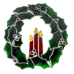 Leaded Stained Glass 13 inch Christmas Holly Wreath Window Suncatcher Holiday