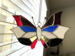 Stained Glass Butterfly Suncatcher Red Blue Yellow & Black Panels Vintage