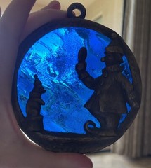 Vintage Colbalt Blue Glass & Cast Bronze Clown Dog Suncatcher Ornament