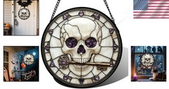 Artisanal Halloween Skull Stained Glass Suncatcher – Unique 6.3 in Decor