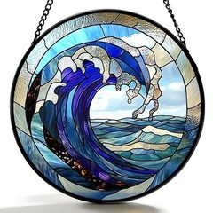 Stained Glass Suncatcher 6.3 Inch Waves Decor for Garden, Home, and Gifts