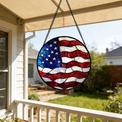 Stained Glass Sun Catcher, Blue White Red Flag Pattern, 6.3×6.3 in Decor