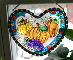 Amia Studios Stained Glass Fall Pumpkin Grapes “You are Awesome” Sun Catcher
