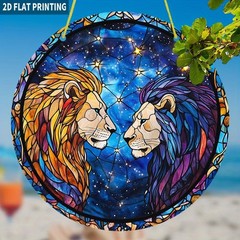 Dual Gold Purple Lions Galaxy Starry Sky Acrylic Suncatcher Wildlife Decoration