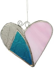 Heart Stained & Textured Glass Suncatcher Pink Blue Mirrored 4 5″ x 4.5″ Vintage
