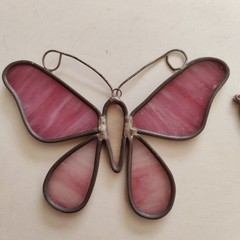 Stained Glass Pink Butterfly Leaded Sun Catchers Window Hanging VTG Set Of 2