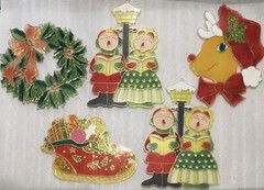 Vintage Lot 8″ Plastic Christmas ‘Stained Glass’ Suncatchers Carolers Reindeer