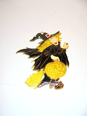 Vintage 80s Witch on Broom Plastic Suncatcher Halloween Decoration